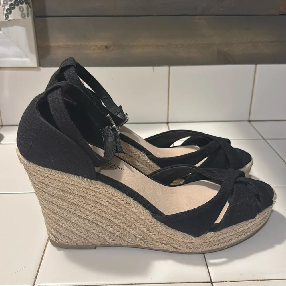 Christian Siriano for Payless Canvas Black Espadrille Wedge Shoes Sandal 9 1/2